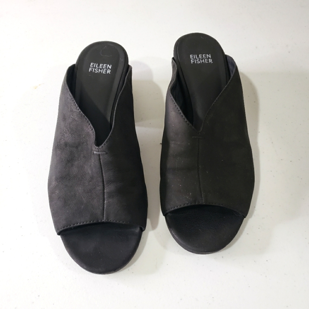 Eileen Fisher Katniss Nubuck Leather Block Heel Mules - Picture 2 of 5